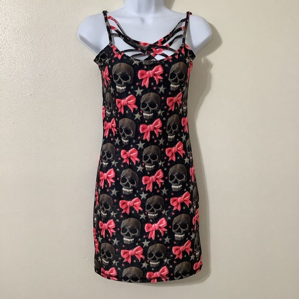Rebel‎ Raven Rockabilly Goth Emo Scene Halloween Skull Bow Print Mini Dress S